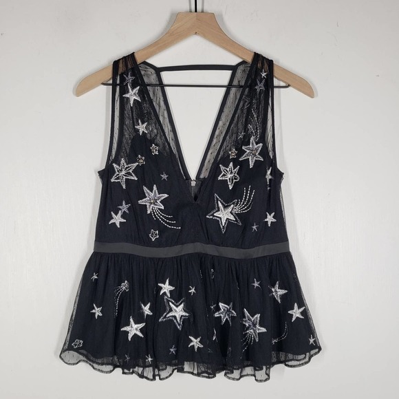 NEW Express Star Embroidered Plunge Tank Blouse‎ 8 Black Silver Mesh NWT - Picture 7 of 13